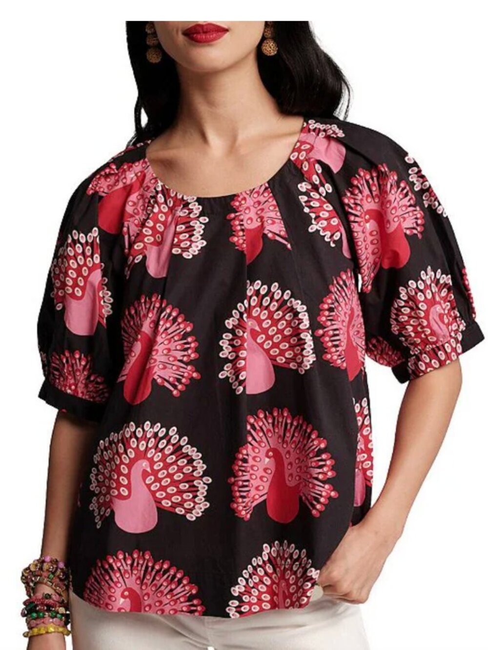 Frances Valentine- Zonda Peacock Printed Cotton Scoop-Neck Puff-Sleeve Top - Picture 2 of 9